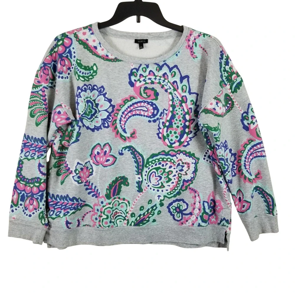 Talbots Womens XL Gray Paisley Crewneck Sweatshirt Cotton Blend Fleece Pullover‎
